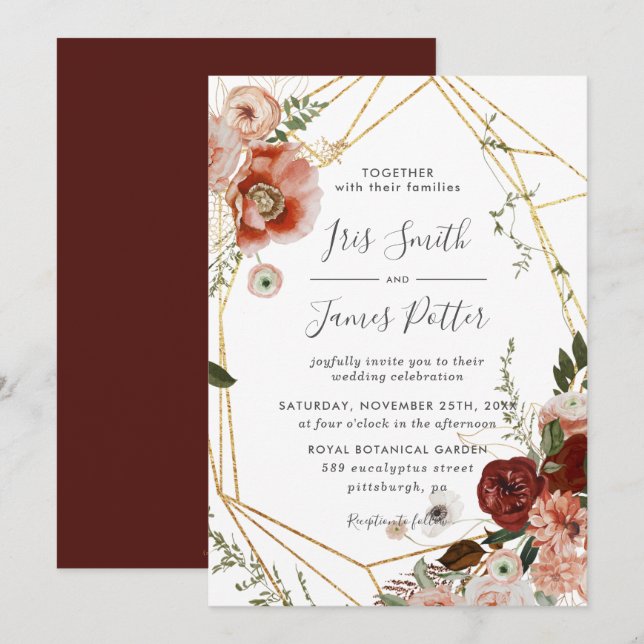 Rustic Burgundy Marsala Blush Floral Wedding Invitation (Front/Back)