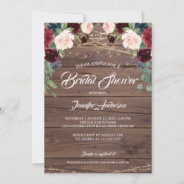 Rustic Burgundy Marsala Bridal Shower Invitation (Front)