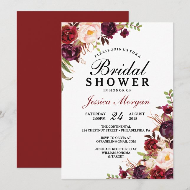 Rustic Burgundy Marsala Bridal Shower Invitation (Front/Back)