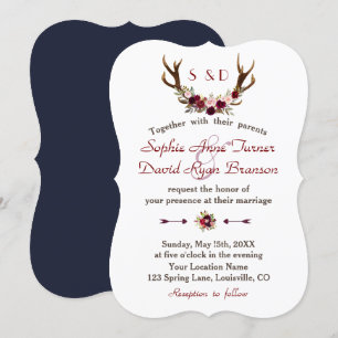 Rustic Burgundy Marsala Floral Antlers Wedding Invitation