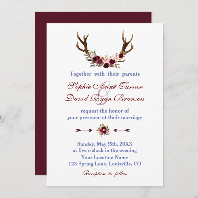 Rustic Burgundy Marsala Floral Antlers Wedding Invitation (Front/Back)