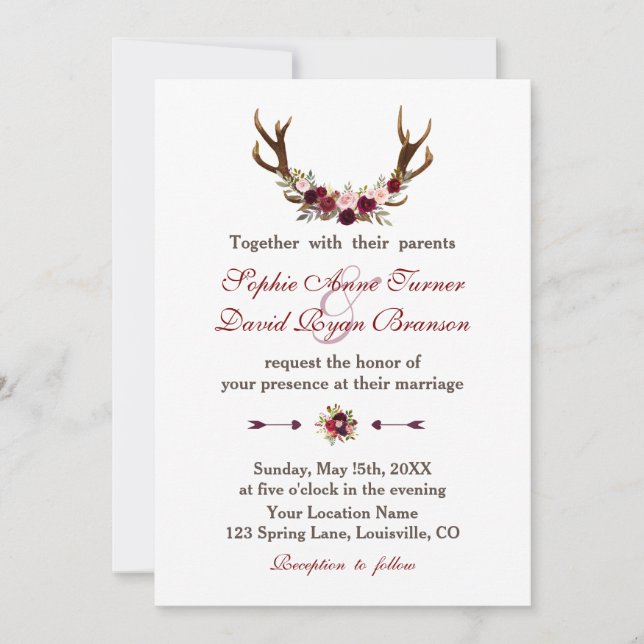 Rustic Burgundy Marsala Floral Antlers Wedding Invitation (Front)