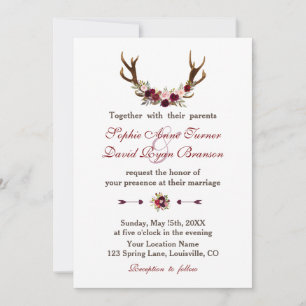 Rustic Burgundy Marsala Floral Antlers Wedding Invitation