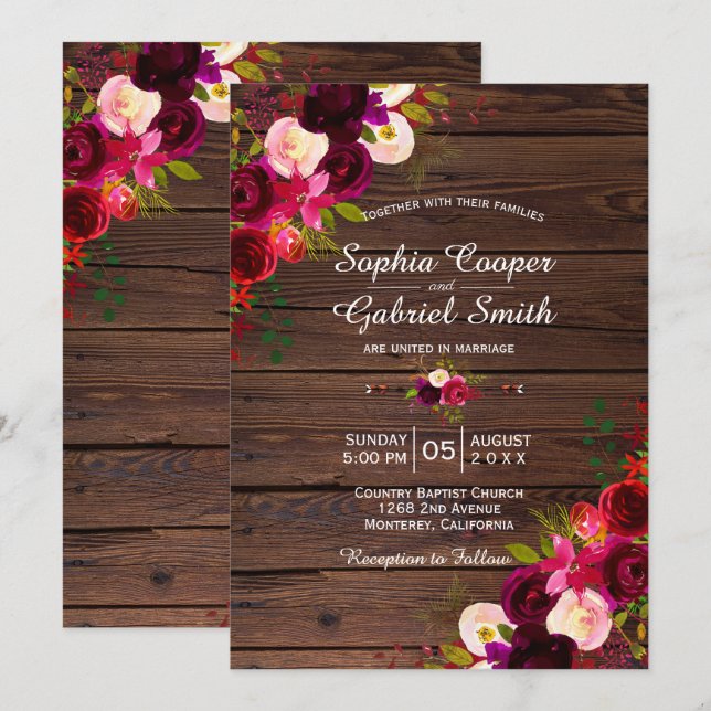 Rustic Burgundy Marsala Floral | Barn Wood Wedding Invitation (Front/Back)