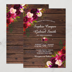 Rustic Burgundy Marsala Floral   Barn Wood Wedding Invitation