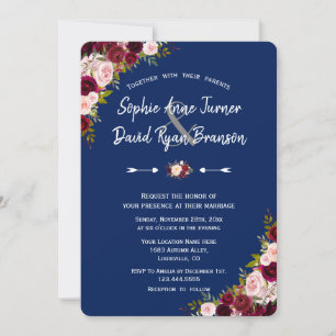 Rustic Burgundy Marsala Floral Handwriting Wedding Invitation