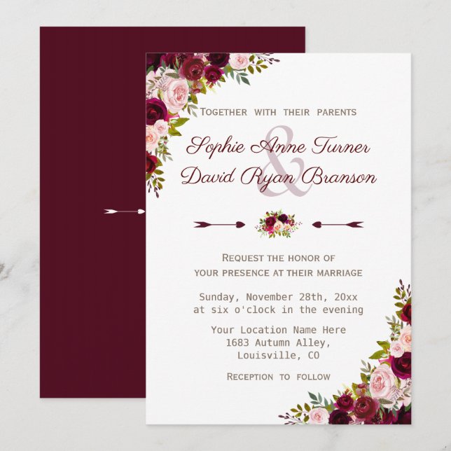 Rustic Burgundy Marsala Floral Wedding Invitation (Front/Back)