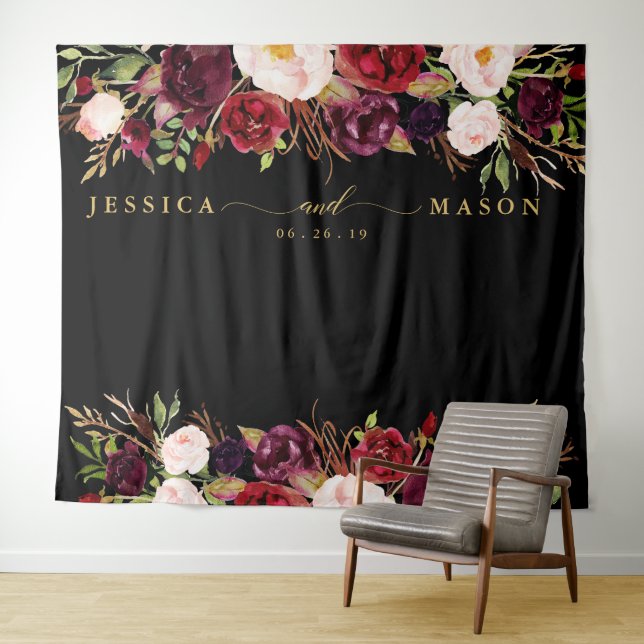 Rustic Burgundy Marsala Gold Backdrop Photo Booth Tapestry (In Situ (Horizontal))