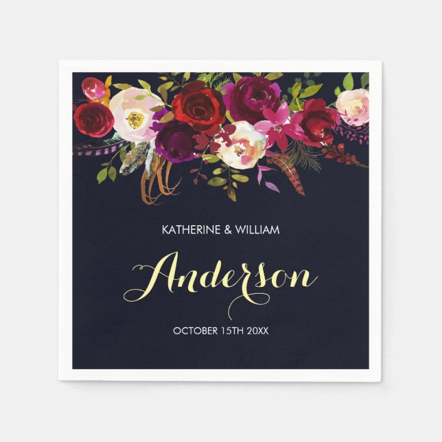 Rustic Burgundy Marsala Navy Floral Wedding Napkin (Front)