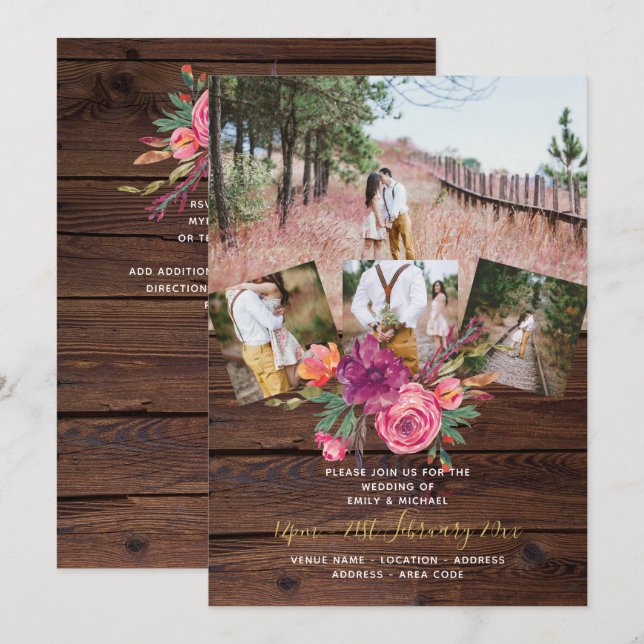 Rustic Burgundy Marsala PHOTO COLLAGE WEDDING Invitation (Front/Back)