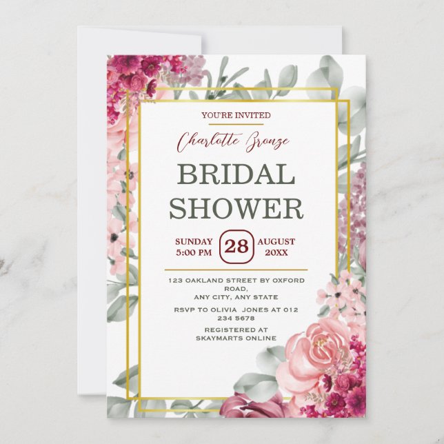 Rustic Burgundy Marsala Pink Floral Bridal Shower Invitation (Front)