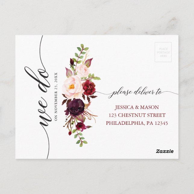 Rustic Burgundy Marsala Wedding RSVP Postcard (Back)