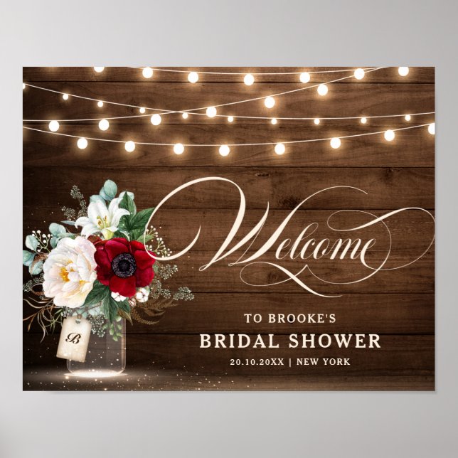 Rustic Burgundy Mason Jar Bridal Shower Welcome Poster (Front)