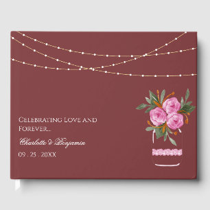 Rustic Burgundy Mason Jar Fairy Lights Wedding Guest Book