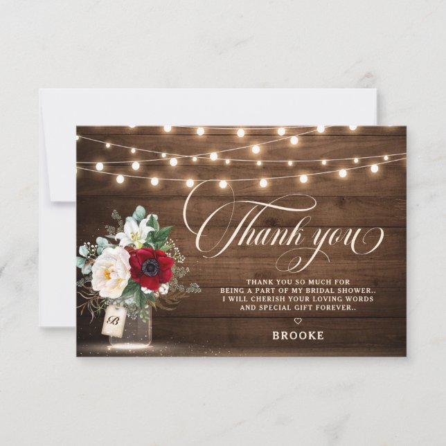 Rustic Burgundy Mason Jar Floral Bridal Shower Thank You Card (Front)