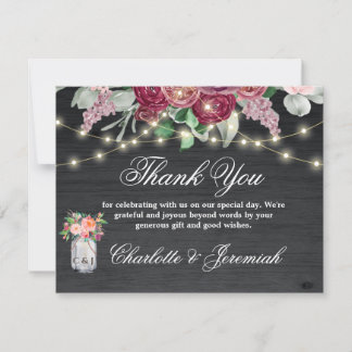 Rustic Burgundy Mason Jar String Lights Wedding Thank You Card