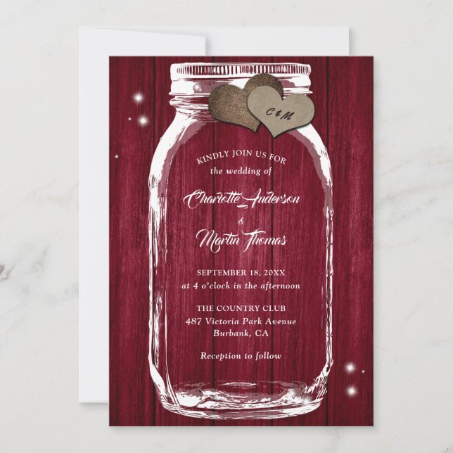 Rustic Burgundy Mason Jar Wedding Invitations (Front)