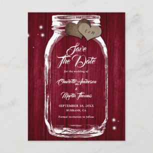 Rustic Burgundy Mason Jar Wedding Save The Date Announcement Postcard
