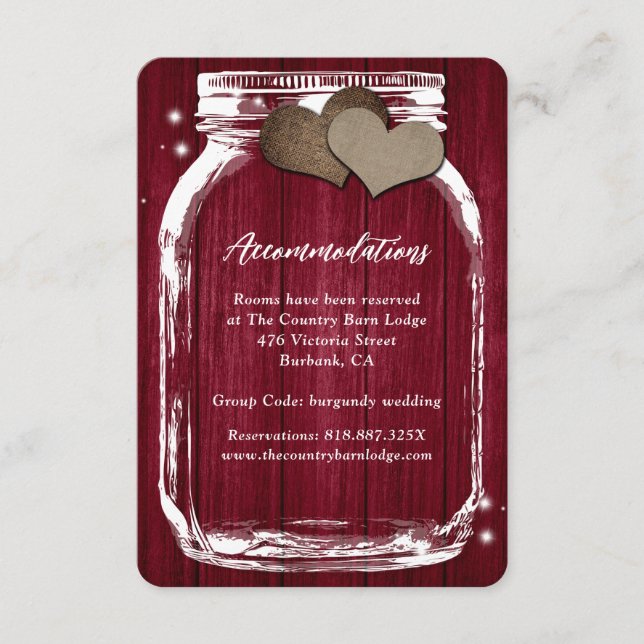 Rustic Burgundy Mason Jar Wood Accommodation Card (Front)