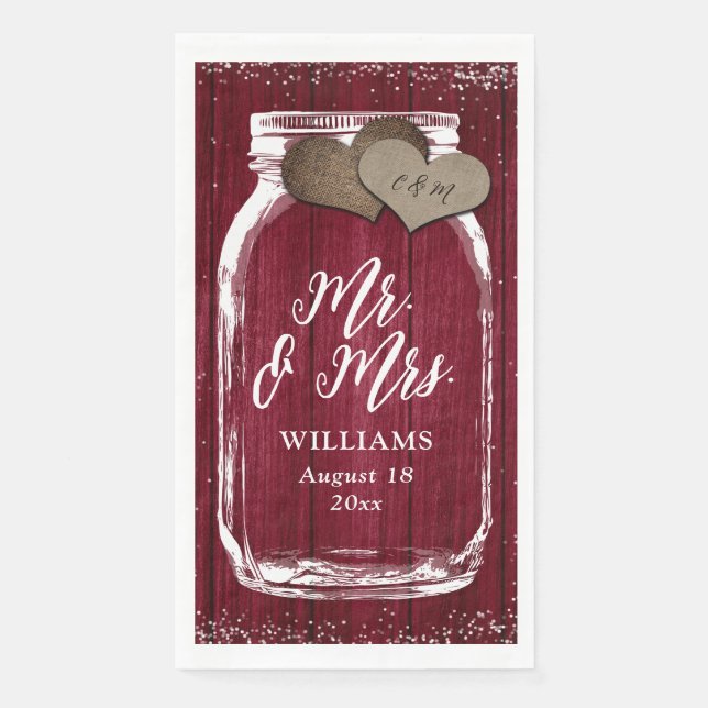 Rustic Burgundy Mason Jar Wood Mr. & Mrs. Wedding Napkin (Front)