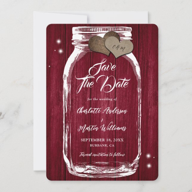 Rustic Burgundy Mason Jar Wood Wedding Save The Date (Front)