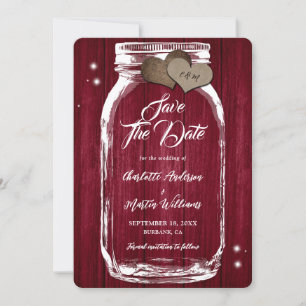 Rustic Burgundy Mason Jar Wood Wedding Save The Date