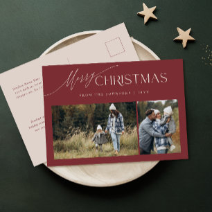 Rustic Burgundy Modern 2 Photo Christmas Holiday Postcard