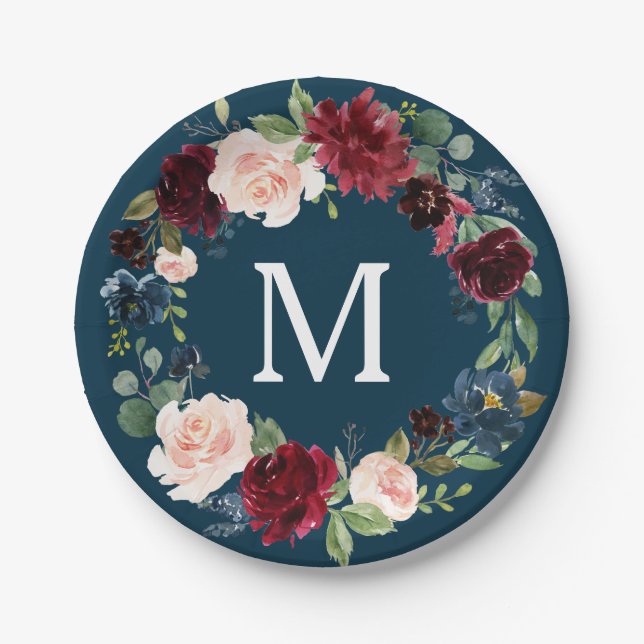 Rustic Burgundy Monogram Bridal Shower Paper Plate (Front)