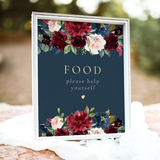 Rustic Burgundy & Navy Blue Floral Food Table Sign (Creator Uploaded)