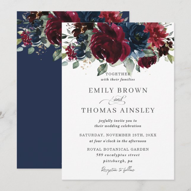 Rustic Burgundy Navy Blue Floral Greenery Wedding Invitation (Front/Back)