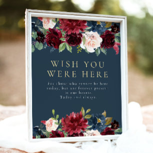 Rustic Burgundy Navy Blue Floral In Loving Memory Poster