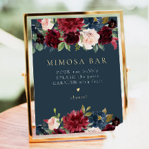 Rustic Burgundy & Navy Blue Floral Mimosa Bar Sign