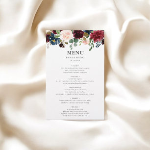 Rustic Burgundy Navy Blue Floral Wedding Menu
