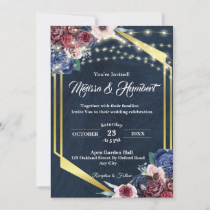 Rustic Burgundy Navy Blue Gold Geometric Wedding Invitation