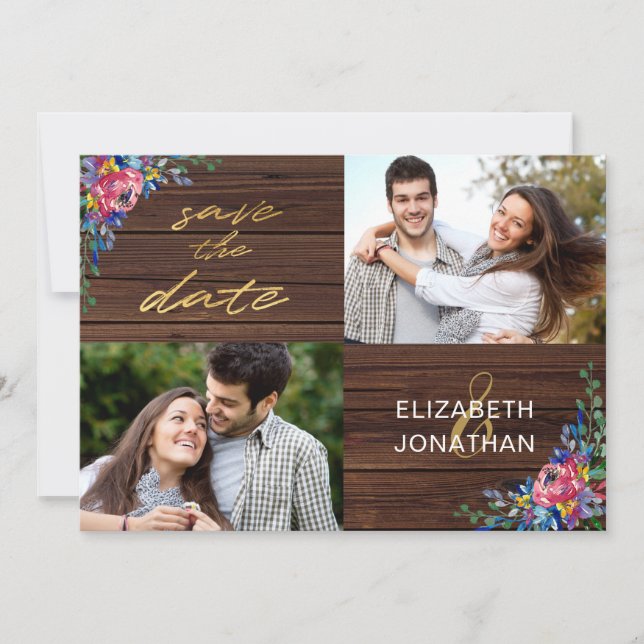 Rustic Burgundy Navy Blue Gold Wood Floral Save The Date (Front)