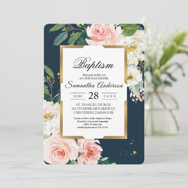 Rustic Burgundy Navy Blue & Pink Floral Gold Frame Invitation (Standing Front)
