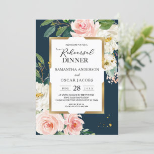 Rustic Burgundy Navy Blue & Pink Floral Gold Frame Invitation