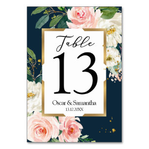 Rustic Burgundy Navy Blue & Pink Floral Gold Frame Table Number