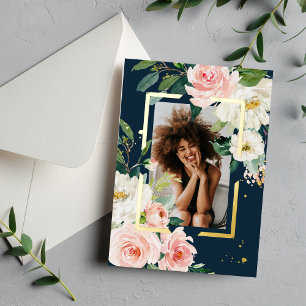 Rustic Burgundy Navy Blue & Pink Floral Real Foil