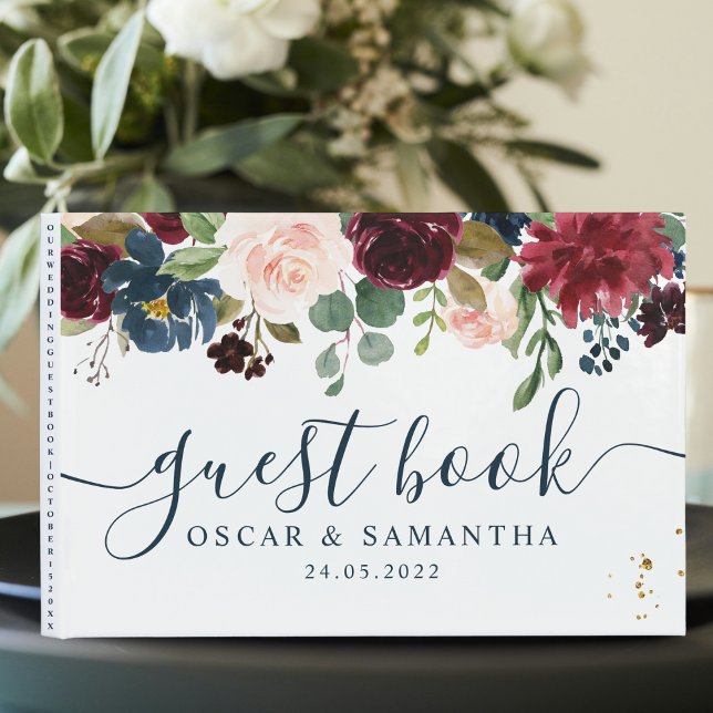 Rustic Burgundy Navy Blue & Red Beauty Flowers  Guest Book (Creator Uploaded)