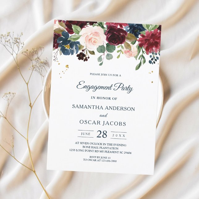 Rustic Burgundy Navy Blue & Red Beauty Flowers  Invitation (Creator Uploaded)
