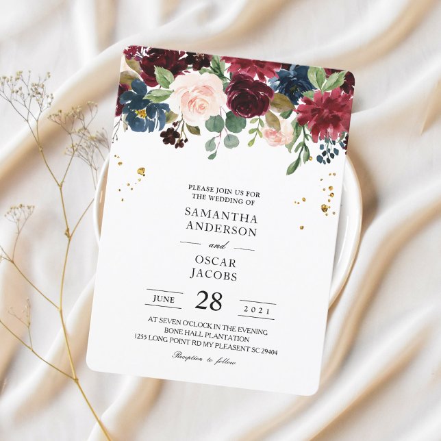 Rustic Burgundy Navy Blue & Red Beauty Flowers  Invitation (Creator Uploaded)