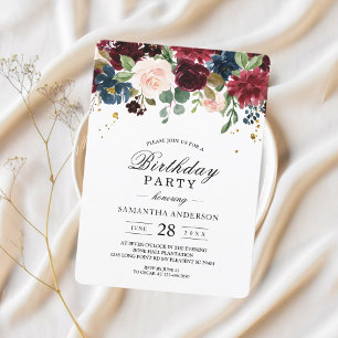 Rustic Burgundy Navy Blue & Red Beauty Flowers Invitation