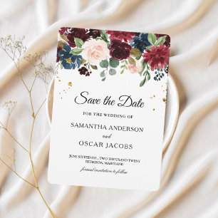 Rustic Burgundy Navy Blue & Red Beauty Flowers Save The Date