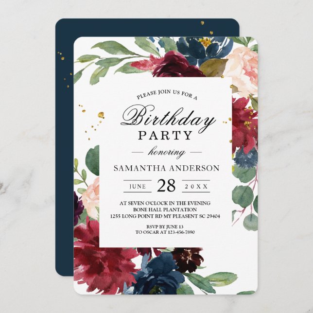 Rustic Burgundy Navy Blue & Red Floral Frame Invitation (Front/Back)