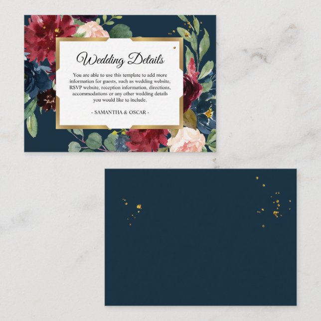 Rustic Burgundy Navy Blue & Red Floral Gold Frame Enclosure Card (Front/Back)