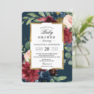 Rustic Burgundy Navy Blue & Red Floral Gold Frame Invitation