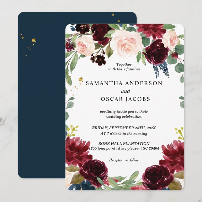 Rustic Burgundy Navy Blue & Red Flowers Frame Invitation (Front/Back)