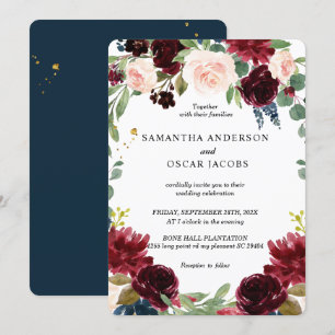 Rustic Burgundy Navy Blue & Red Flowers Frame Invitation