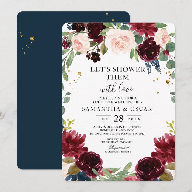 Rustic Burgundy Navy Blue & Red Flowers Frame Invitation (Front/Back)